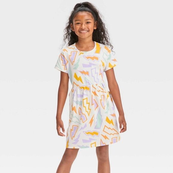 Cat & Jack Other - Like New Cat & Jack Kids Girl's Graphic Printed Dress, White Bolt Print Sz L+